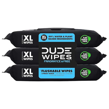 DUDE Wipes Unscented Flushable Wipes - Extra-Large Adult Wet Wipes for Sensitive Skin - 3 Pack (144 Count) - Infused with Vitamin E and Aloe - Septic and Sewer Safe