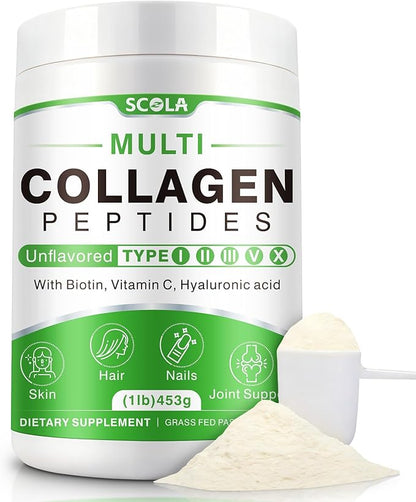 SCOLA Collagen Peptides Powder- Type I, II, III, V, X - Hydrolyzed Collagen Peptides with Vitamin C Hyaluronic Acid, Supports Skin Hair Nail & Joint, Non-GMO, 1lb