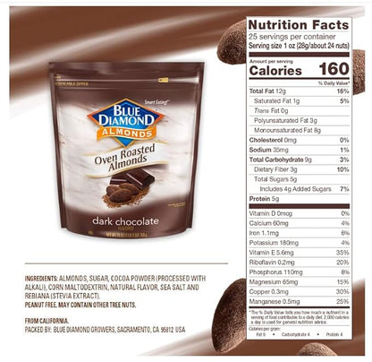 Blue Diamond Almonds, Roasted Dark Chocolate Flavored Snack Nuts, Plant-Based Protein & Fiber, for Events, Holidays, Parties, Lunch, Guilt-Free Snack with Real Cocoa, 25 Oz Resealable Bag (Pack of 2)