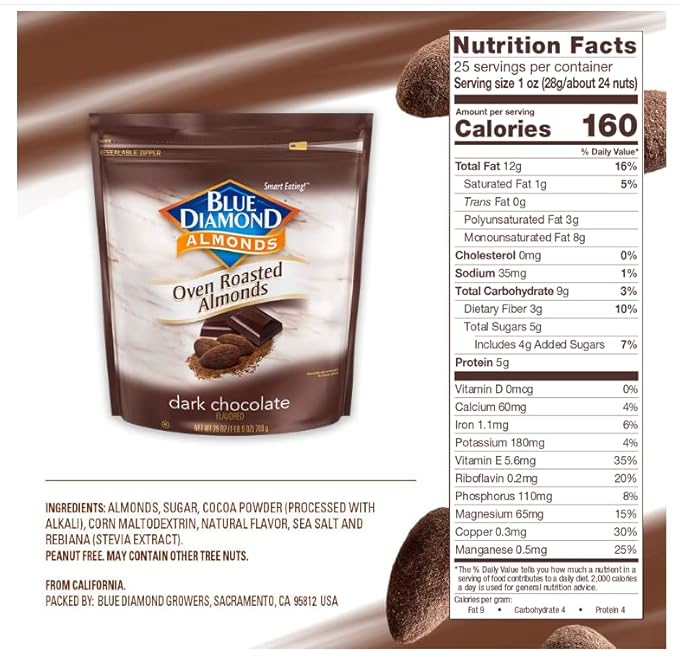Blue Diamond Almonds, Oven Roasted Dark Chocolate Flavored Snack Nuts, Plant-Based Protein and Fiber, Perfect for Events, Holidays, Parties, and Lunch, Guilt-Free Snacking with Real Cocoa, 25 Oz Resealable Bag (Pack of 1)