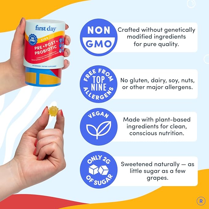 FIRST DAY Kids Probiotic Gummies - 3 in 1 Probiotics for Kids + Prebiotic & Postbiotic - Prebiotics & Probiotics for Digestive Health & Immune Support – Vegan, Gluten Free, 30-Day Supply