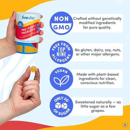 FIRST DAY Kids Probiotic Gummies - 3 in 1 Probiotics for Kids + Prebiotic & Postbiotic - Prebiotics & Probiotics for Digestive Health & Immune Support – Vegan, Gluten Free, 30-Day Supply