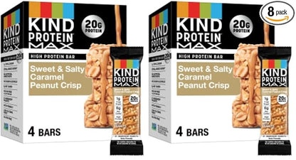 KIND Protein MAX Sweet & Salty Caramel Peanut Crisp Snack Bars, 20g ofProtein, Keto Friendly, 1g ofSugar Per Bar, Gluten Free, 4 Count Box (Pack of 8)