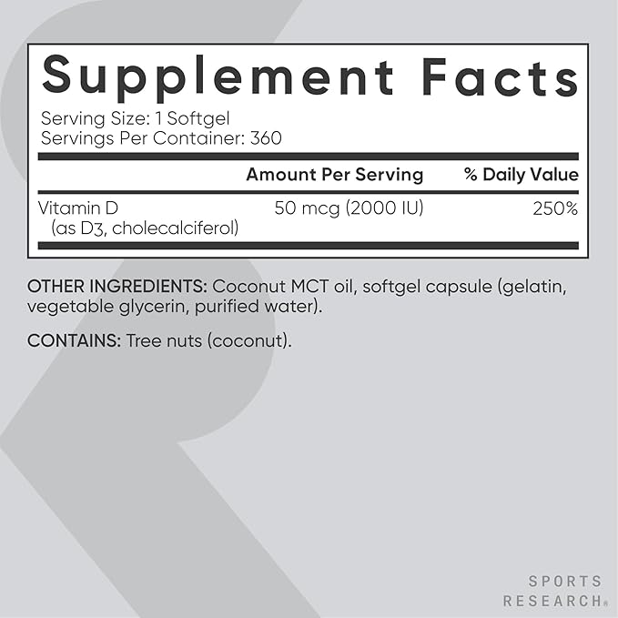 Sports Research Vitamin D3 2000 IU with Coconut MCT Oil - Double Strength Vitamin D Supplement - Non-GMO Verified, Gluten & Soy Free – 50mcg, 360 Liquid Softgels