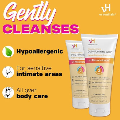 vH essentials Daily Feminine Wash - Fragrance Free, Hypoallergenic with Tea Tree Oil & Prebiotic - For Ph Balance, Intimate Odor Block, Vaginal Health - Gentle Formula Body Care - 6 Fl Oz (Pack of 2)