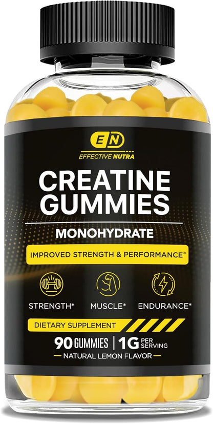 Effective Nutra Creatine Monohydrate Gummies - 1g Creatine per Gummy - Vegan Muscle & Strength Supplement for Men & Women - Supports Muscle Growth, Energy, Endurance - Lemon Flavor, Made in USA (90ct)