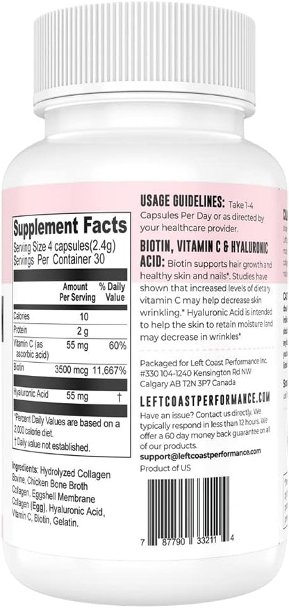Collagen Capsules with Biotin, Hyaluronic Acid, Vitamin C, Hydrolyzed Multi Collagen Peptide Capsules Types I, II, III, V, X For Skin, Hair, Nails and Joint Health Supplement* 120 Count