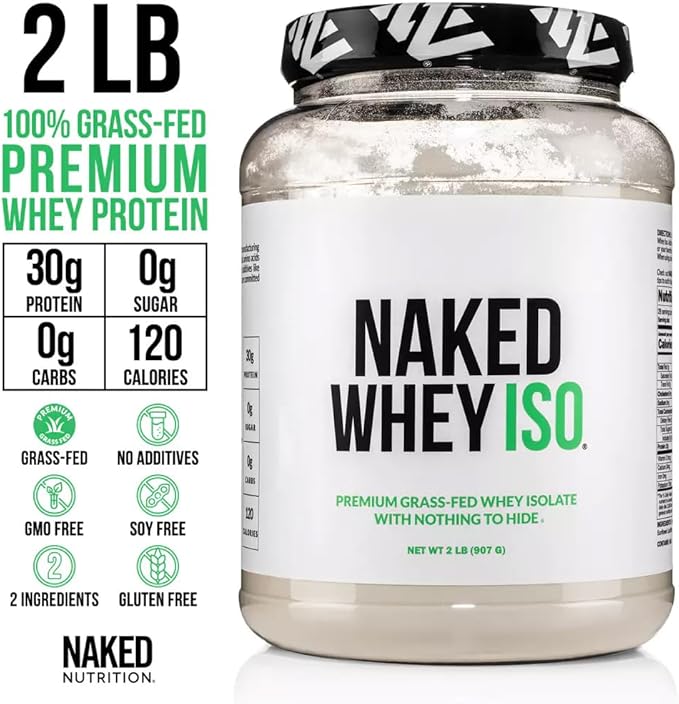 NAKED Whey Isolate Protein - Only 2 Ingredients, 30g Grass-Fed Protein, Zero Carb, Unflavored, Undenatured, Non-GMO, No Soy, Gluten-Free, No Preservatives - 28 Servings