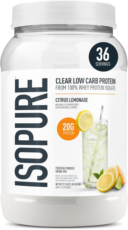 Isopure Clear Whey Isolate Protein Powder, Lactose Free, Gluten Free, Naturally Flavored, Citrus Lemonade, 20g Protein Per Serving, 1.9 Lb, 36 Servings (Packaging May Vary)
