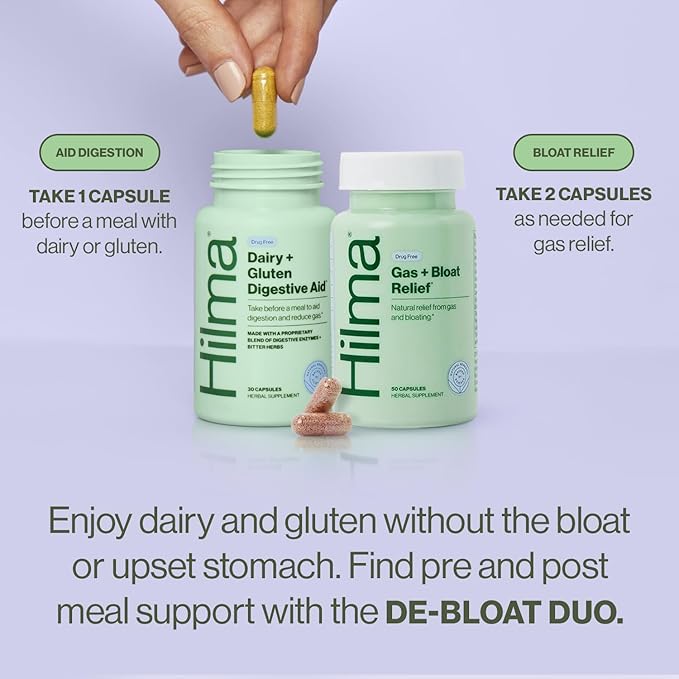 Hilma De-Bloat Bundle for Pre or Post Meal, Gas & Bloating Relief for Women (50 Vegan Capsules) with Lemon Balm & Peppermint Leaf, Digestive Enzymes for Women (30 Vegan Capsules) with Dandelion Root