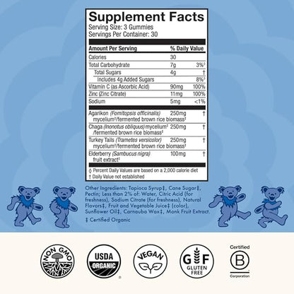 Host Defense Beary Well Grateful Dead Gummies - Mushroom Gummies with Agarikon, Turkey Tail, Chaga, Elderberry, Vitamin C & Zinc - Upper Respiratory System Health and Immune Support (30 Servings)