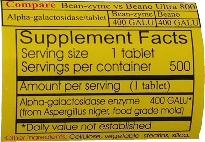 Bean-Zyme Gas Relief for Adults Extra Strength (500 ct) is 400 GAUL per Tablet Alpha Galactosidase, Vegan, Cost Less, Digestive Enzyme Dietary Supplement Natural Food Enzyme