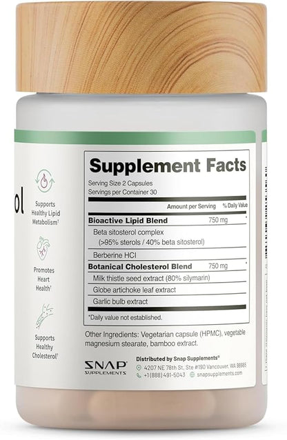 Snap Supplements Cholesterol Health - Artichoke, Milk Thistle, Garlic, and Berberine Supplement with Beta Sitosterol (95% Plant Sterols) for Digestive and Metabolic Support, 60 Capsules (30 Servings)