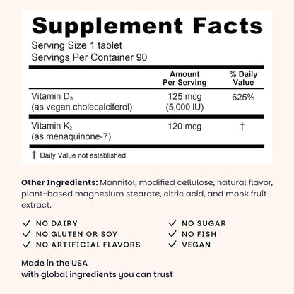 EZ Melts Dissolvable Vegan Vitamin D3 + K2 5,000 IU - Bone & Heart Health Support - Immune Function Support - No Artificial Flavors - Non-GMO - Green Apple - 180 Dissolvable Tablets (180 Servings)
