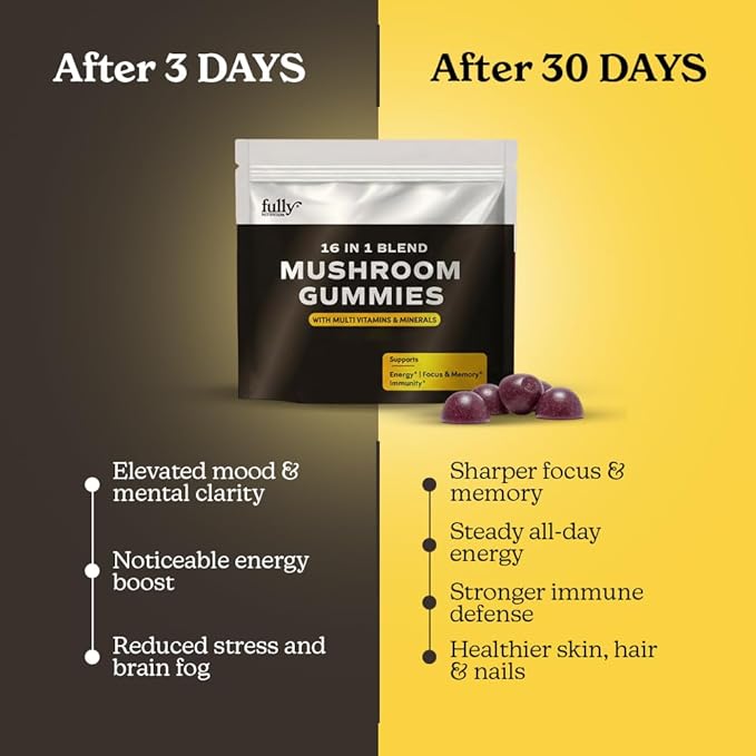 16 in 1 Blend Mushrooms Gummies for Adults - Lion's Mane Mushroom Supplement, Focus Gummies with Lions Mane, Lion's Mane for Adults, Natural Mushroom Supplement for Cognitive Support & Clarity