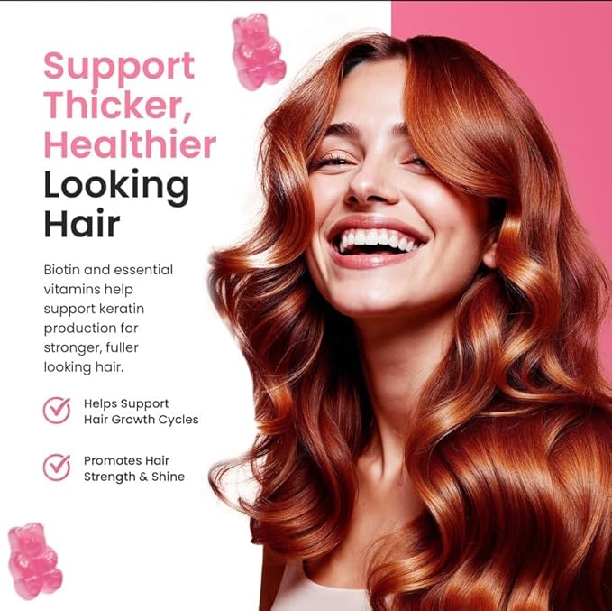 Hair Skin and Nails Gummies, 5000 mcg Biotin with Vitamins A, C, D2 & E, B-Complex, Zinc & Iodine, Hair Skin and Nails Vitamins for Women & Men, Supports Hair Growth, Nails, Glowing Skin - 60 Gummies