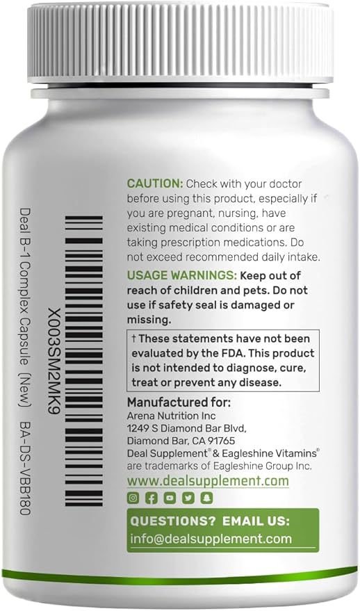 DEAL SUPPLEMENT Vitamin B1 500mg with Benfotiamine, 240 Capsules – 2 in 1 Enhanced Formula – Fat & Water Soluble Thiamine B1 Supplement – Third Party Tested, Non-GMO, No Gluten