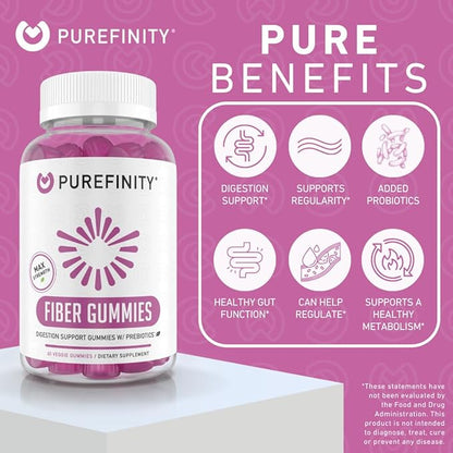 PUREFINITY Fiber Gummies for Adults with Inulin FOS from Chicory Root, Sugar Free Prebiotic Supplement for Daily Digestion & Constipation Support – Non-GMO, Vegan, 60 Count