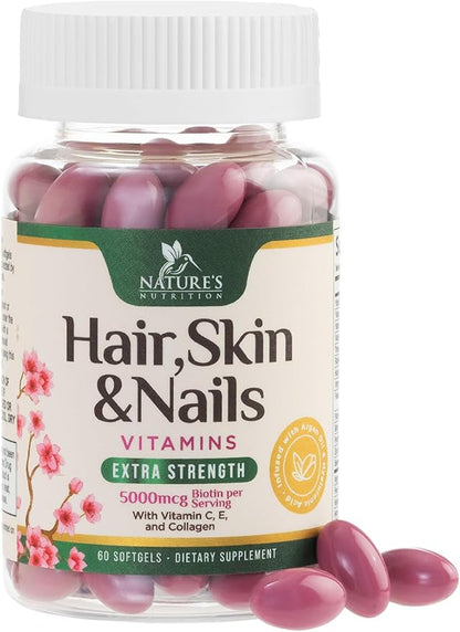 Hair, Skin & Nails Vitamins - Biotin 5000mcg Per Serving - Extra Strength Hair Growth Support For Women with Collagen, Argan Oil - Beautiful Skin, Hair & Nails Supplement - USA Bottled - 60 Softgels