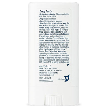 CeraVe Mineral Sunscreen Stick SPF 50, Broad Spectrum SPF + Hyaluronic Acid + Ceramides, Titanium Dioxide & Zinc Oxide, 100% Mineral Face Sunscreen Stick, Fragrance Free & Oil Free
