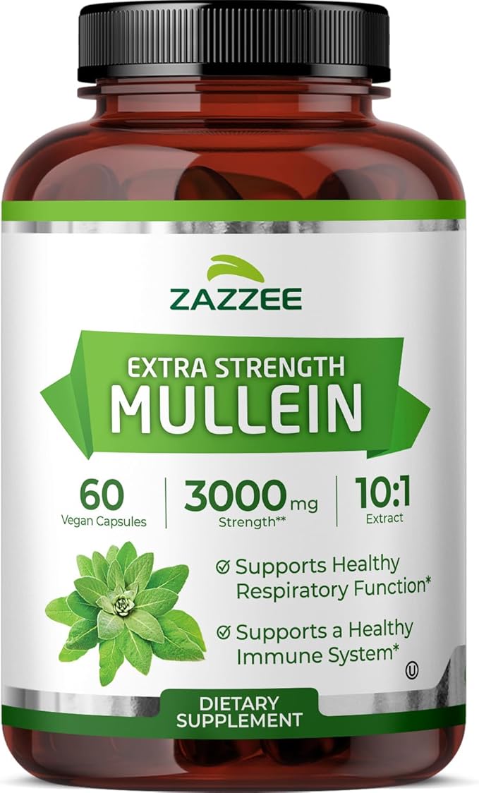 Zazzee Extra Strength Mullein Leaf 10:1 Extract, 60 Vegan Capsules, 2 Month Supply, Verbascum Thapsus, Respiratory & Lung Support, Certified Kosher, 100% Pure Leaf Powder, Non-GMO, Made in the USA