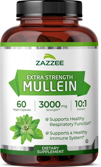 Zazzee Extra Strength Mullein Leaf 10:1 Extract, 60 Vegan Capsules, 2 Month Supply, Verbascum Thapsus, Respiratory & Lung Support, Certified Kosher, 100% Pure Leaf Powder, Non-GMO, Made in the USA