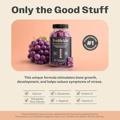 TruHeight Growth Gummies (Grape) Tall Nutrition for Natural Growth Supplement for Kids & Teens - Vitamin D, K, Calcium & Ashwagandha, Bone Strength Vitamins D3 K2, Picky Eater, Taller Ages 5+