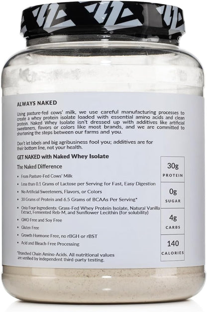 NAKED Vanilla Whey Isolate Protein - Only 4 Ingredients, 30g Grass-Fed Protein, Undenatured, No GMO, No Soy, Gluten-Free, No Preservatives - 24 Servings