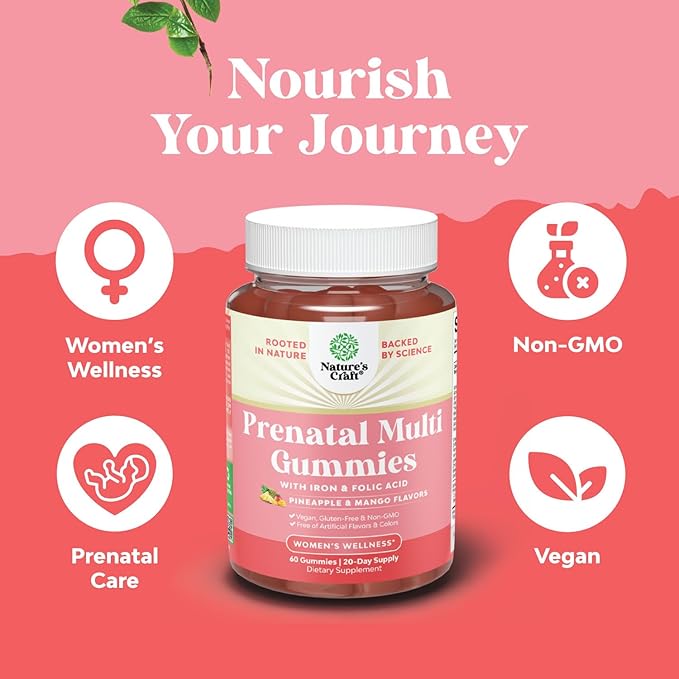 Natures Craft Vegan Prenatal Gummies for Women - Gummy Prenatal Vitamins for Women with Iron Folic Acid and Superfruit Blend - Chewable Vitamins Gummy Formula (Pineapple & Mango Flavor) - 60 Count