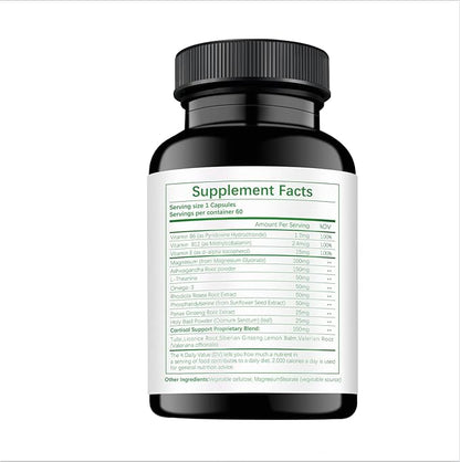 Cortisol Manager Supplement for Women and Men Adrenal Support with Ashwagandha, Rhodiola Rosea, Holy Basil, Mood & Sleep Support - Non-GMO, Vegan Capsules (60 Count)