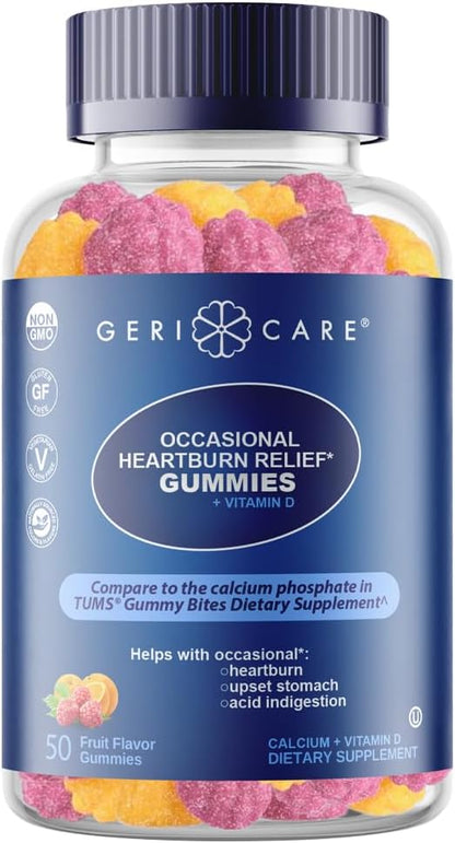 GeriCare Antacid with Vitamin D Gummies, Compare to TUMS Gummy Bites, Fruit Flavor, 50 Count, Non-GMO, Gluten-Free, Vegan, Naturally Sourced for Heartburn, Upset Stomach & Acid Indigestion (1 Pack)