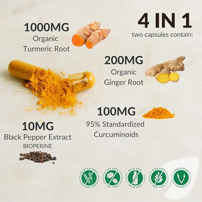 Turmeric Curcumin Supplement with Black Pepper & Ginger Root 1000mg | Optimized Formula 95% Curcuminoids Curcuma | Joint Health & Inflammation Support | 60 Capsules Powder Filled