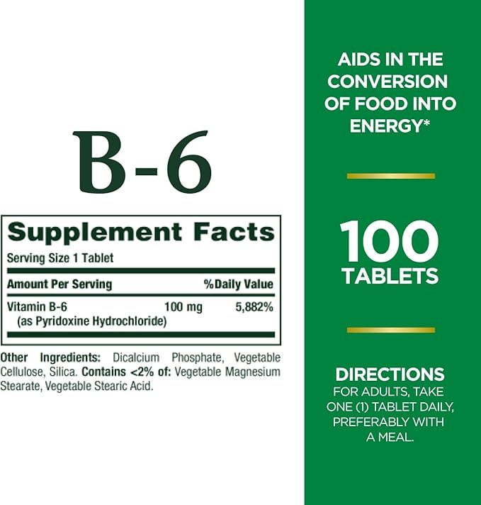 Nature's Bounty Vitamin B6 100mg Tablets - Supports Energy Metabolism & Nervous System Health, 100 Count (Pack of 3)