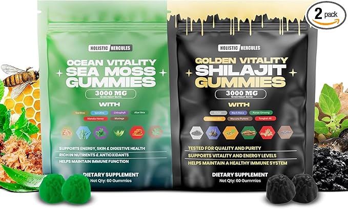 Holistic Hercules Sea Moss & Pure Himalayan Shilajit Gummies Gold | 100% Natural Organic Vegan | No Added Sugar | Ashwagandha Tongkat Ali Ginseng Spirulina Moringa Manuka Honey | 60 Gummies 2 Pack