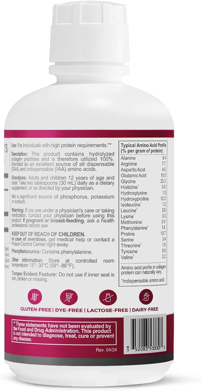 PreProtein 15 Liquid Hydrolyzed Collagen Peptides – Sugar Free Cherry Flavor Drink – 15g Protein Amino Acid Supplement for Bariatric Recovery, Joint Support & Wound Care – 30oz