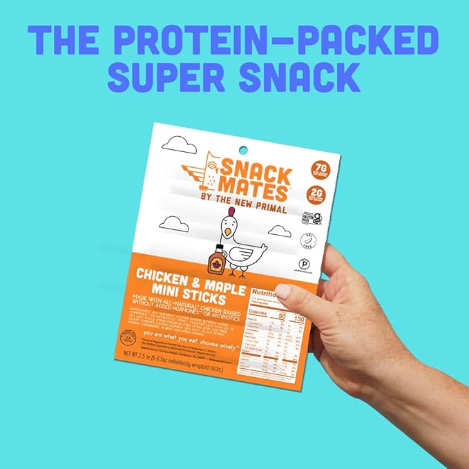 The New Primal Snack Mates Chicken & Maple Sticks, Gluten Free Healthy Snacks for Kids, Low Sugar High Protein Back to School Snacks, Mini Paleo Jerky Meat Stick, 7g Protein, 50 Calories, 40 Pack