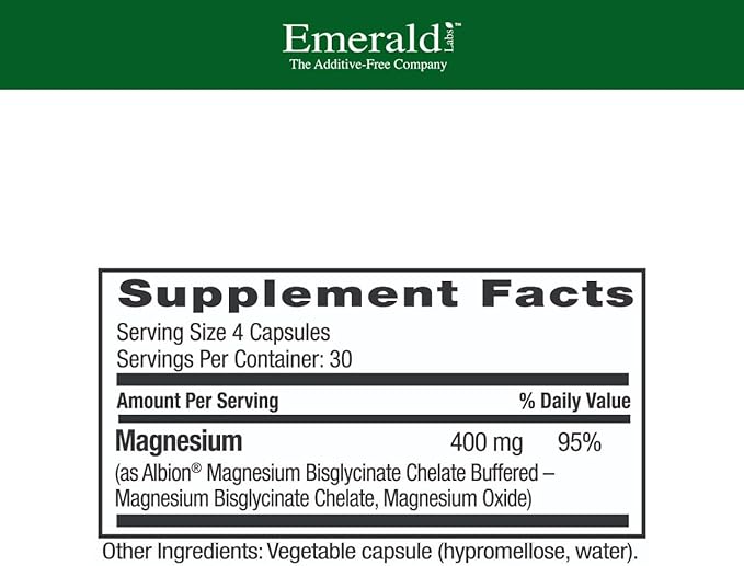 Emerald Labs Magnesium 400mg - Bone & Sleep Support with Albion Magnesium* - Vegan Friendly - 120 Vegetable Capsules (30-Day Supply)