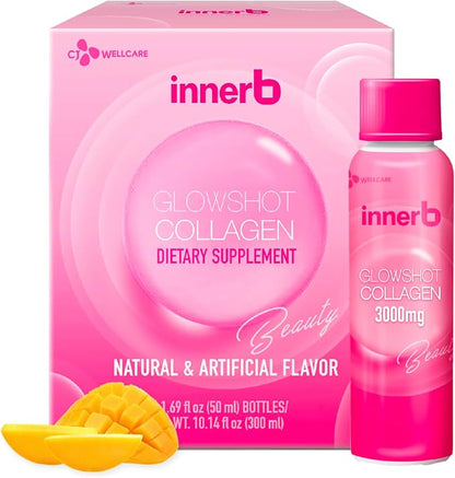 CJwellcare Innerb Glowshot Collagen (10.1 fl oz, 6 Servings) - Marine Liquid Collagen for Women, 3,000mg Collagen Peptides, Collagen Shots for High Absorption, Hair, Skin & Nails Supplement