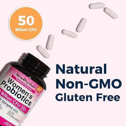 NewRhythm Women's Probiotics, Organic Cranberry, 50 Billion CFU 18 Strains, Probiotics with Prebiotics, Support Digestive Health, No Refrigeration Needed, Non-GMO, No Soy, 60 Vegan Capsules, No Dairy