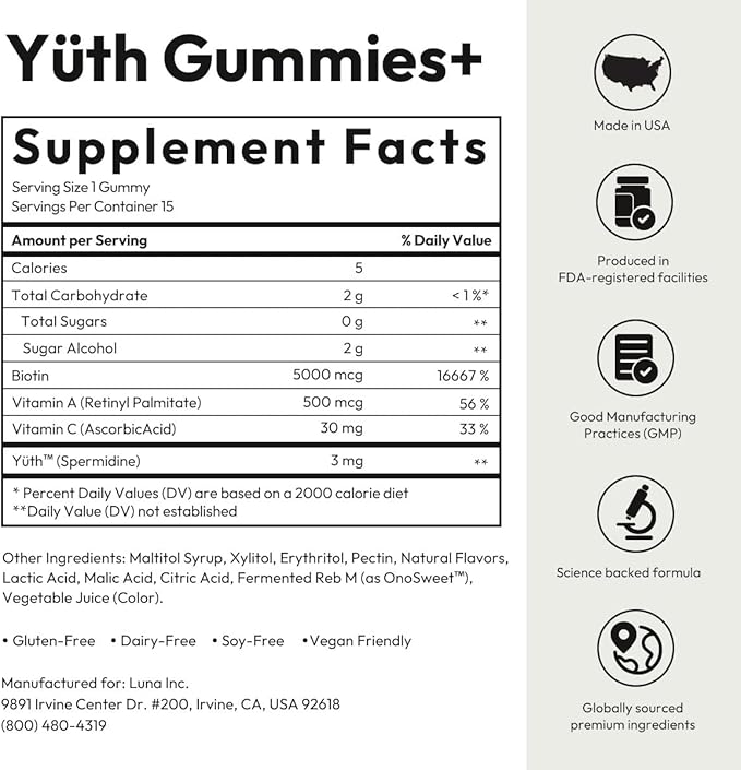 BIGVITA Yuth Gummies + | Spermidine Gummies for Hair Growth, Skin & Nails | High-Purity Spermidine Supplement for Cellular Renewal & Anti-Aging | Collagen Support with Vitamin C & Vitamin A