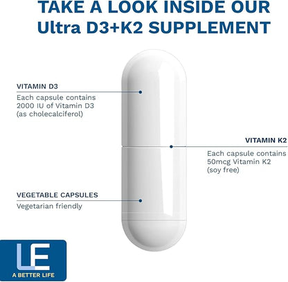 Life Enhancement Vitamin D3 K2 2000iu Supports Muscle & Brain Health - D3 K2 Supplement Helps in Immune and Cardiovascular Support - Made in USA (120 Vegetarian Capsules)
