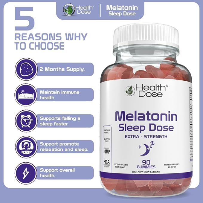 Health Dose Melatonin 6 mg Extra Strength Gummies, Pre-Bedtime Supplement for Restful Sleep, for Adults, 90 Gummies, Mixed Berries, Pack of 3