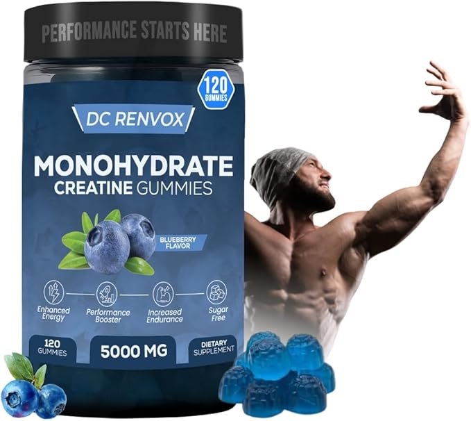 Creatine Monohydrate Gummies 5000 MG for Men & Women, Pre Workout gummys, Creatine Monohydrate for Muscle Growth, Strength & Energy Support , Flavored, 120 count Chewable Gummies, Blueberry Flavor