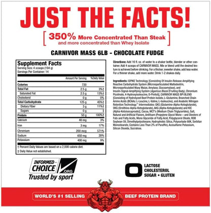 MuscleMeds Carnivor Mass Gainer Beef Protein Isolate Shake, 50 Grams Protein, 125 Grams Carbs, 0 Fat, 0 Sugar, Lactose Free, ChocolateFudge, 6 Pound