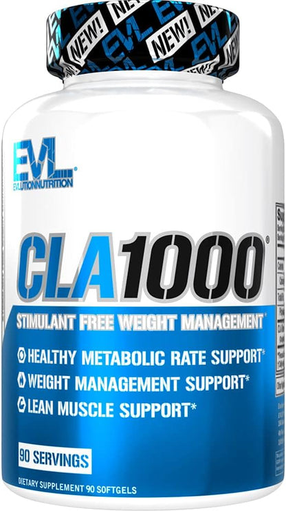 Evlution Conjugated Linoleic Acid CLA Supplement Nutrition Lean Muscle Mass Builder & Fat Burner for Men and Women - Stimulant-Free Safflower Based CLA 1000mg Blend Per Serving (90 Servings)