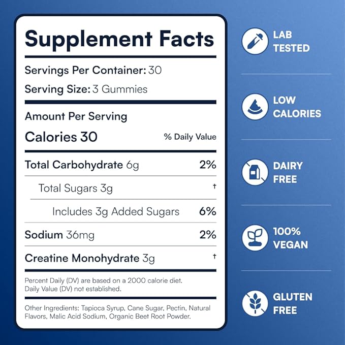 Creatine Monohydrate Gummies - Supports Muscle Growth, Recovery & Brain Function - Convenient & Easy to Take - Great Tasting Watermelon Flavor - 1g per Gummy, Low Sugar - 90 Count