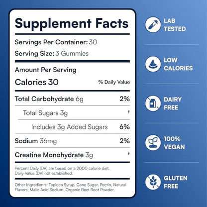 Creatine Monohydrate Gummies - Supports Muscle Growth, Recovery & Brain Function - Convenient & Easy to Take - Great Tasting Watermelon Flavor - 1g per Gummy, Low Sugar - 90 Count