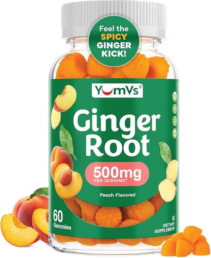 YUM-V'S YumVs Ginger Gummies, 500 mg Ginger Root Extract, Peach Flavor, Nausea Relief, Digestion & Immune Support, Vegan, Non-GMO, Gelatin-Free (60 Count)