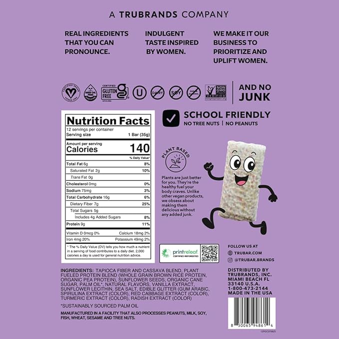 TRUBAR Kids Protein Bars, Pop Goes Confetti, Plant Based Protein, Gluten Free School-Friendly Snacks for Lunchboxes, Tree Nut and Peanut Free, Low Sugar, Healthy On the Go Snack Bars, 12 Count