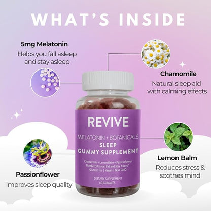 REVIVEEO Melatonin & Botanicals Sleep Gummy Supplement by Revive Essential Oils with Chamomile, Lemon Balm & Passionflower - 5 mg Melatonin - Blueberry Flavored
